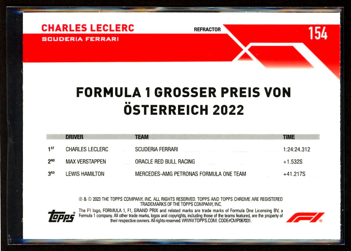 Charles Leclerc Refractor 2023 Topps Chrome F1 Card # 154