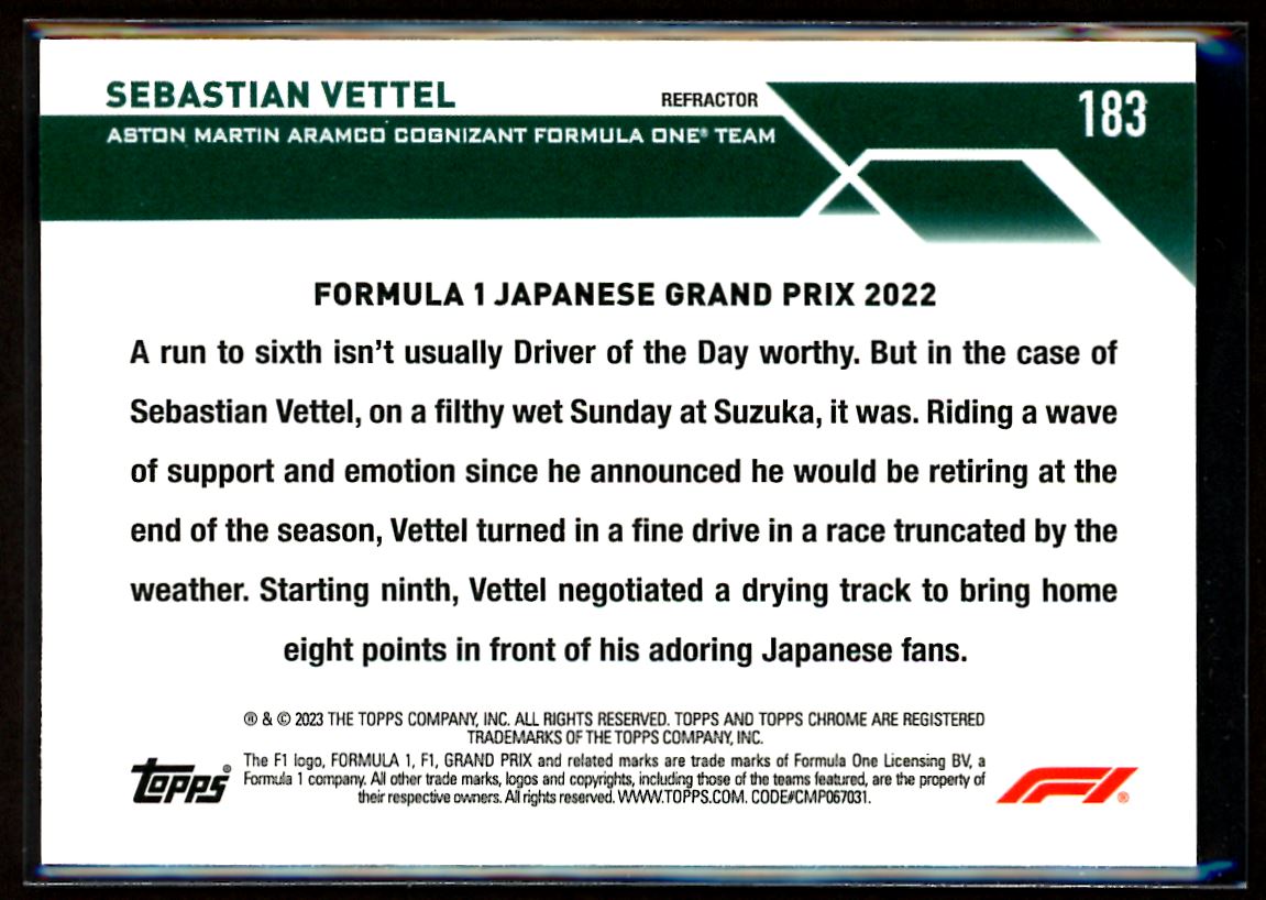 Sebastian Vettel Refractor 2023 Topps Chrome F1 Card # 183