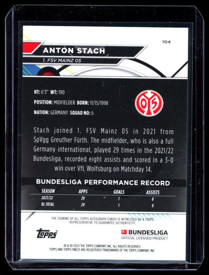 Anton Stach 2023 Topps Finest Bundesliga Chrome Autograph Card # 104