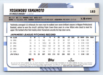 Yoshinobu Yamamoto 2024 Topps Big League Baseball Rookie Card # 183