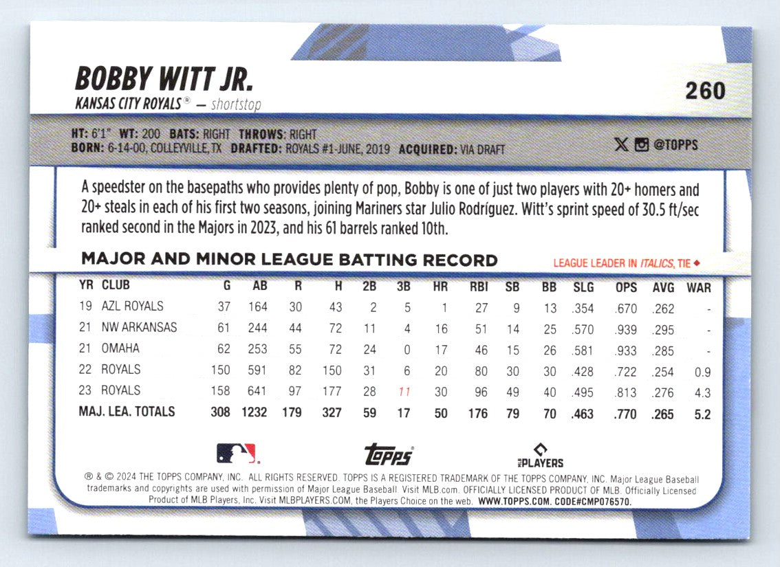 Bobby Whitt Jr. Blue Foil 2024 Topps Big League Baseball Card # 260