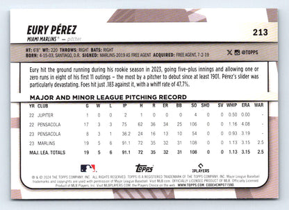 Eury Perez Rainbow Foil 2024 Topps Big League Baseball Card # 213