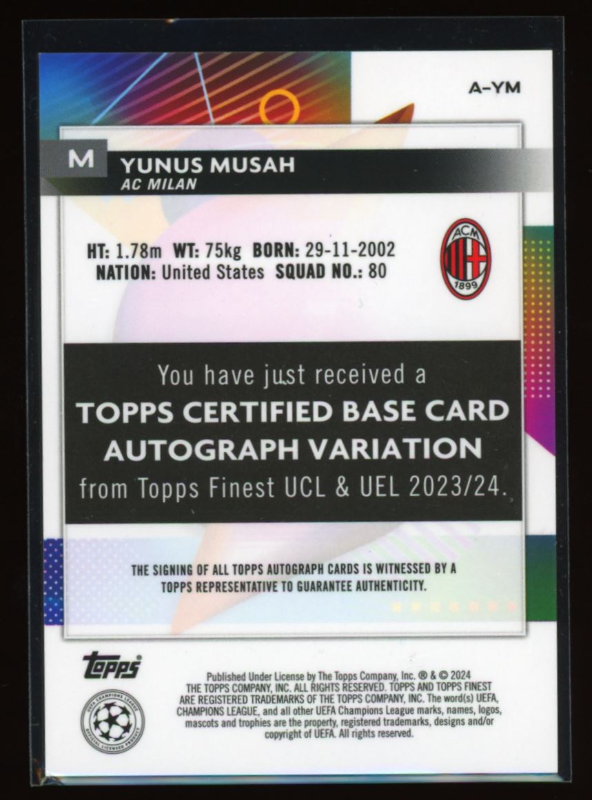 Yunus Musah 2024 Topps Finest UEFA Autograph Card # A-YM