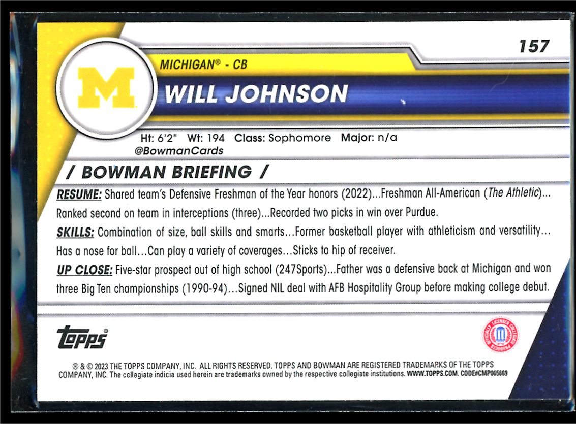 Will Johnson Shimmer 2023 Bowman U Chrome Rookie Card # 157