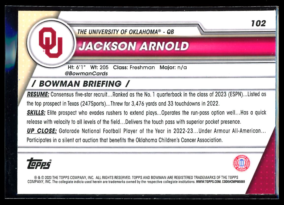 Jackson Arnold Shimmer 2023 Bowman U Chrome Rookie Card # 102