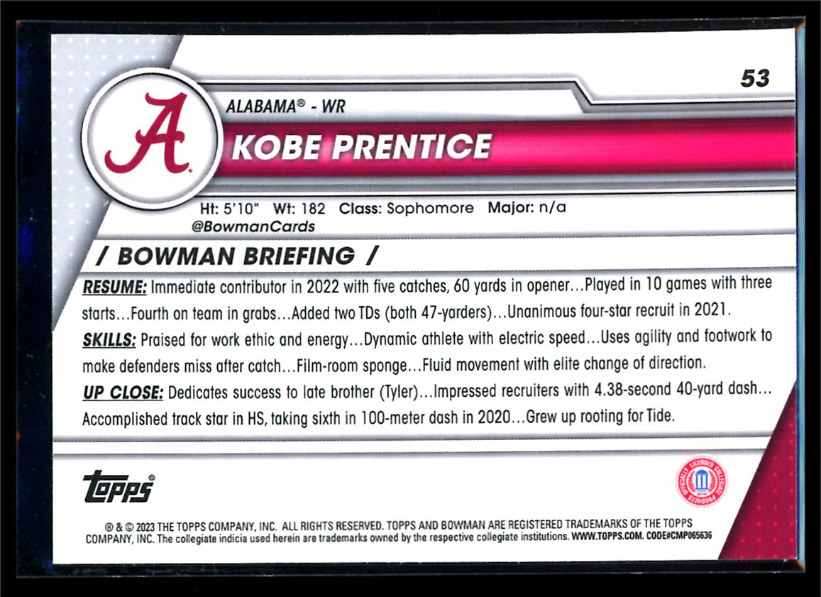Kobe Prentice X-Fractor 2023 Bowman U Chrome Rookie Card # 53