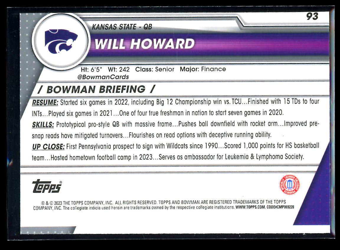 Will Howard Sapphire 2023 Bowman U Chrome Rookie Card # 93