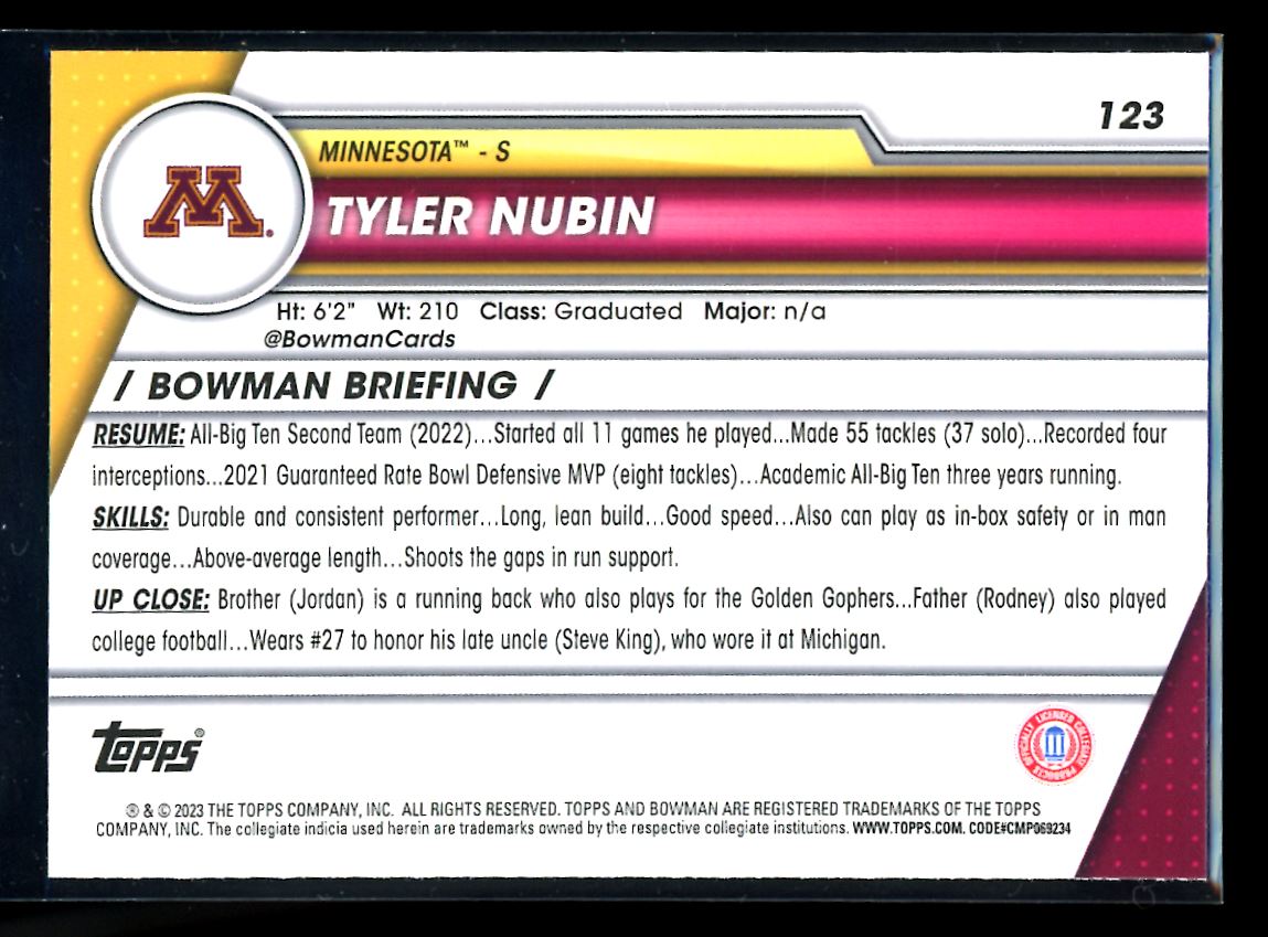 Tyler Nubin Sapphire 2023 Bowman U Chrome Rookie Card # 123