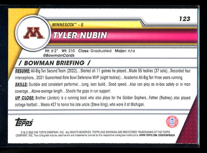 Tyler Nubin Sapphire 2023 Bowman U Chrome Rookie Card # 123