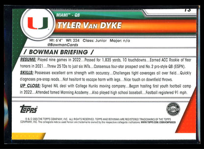Tyler Van Dyke Sapphire 2023 Bowman U Chrome Card # 73