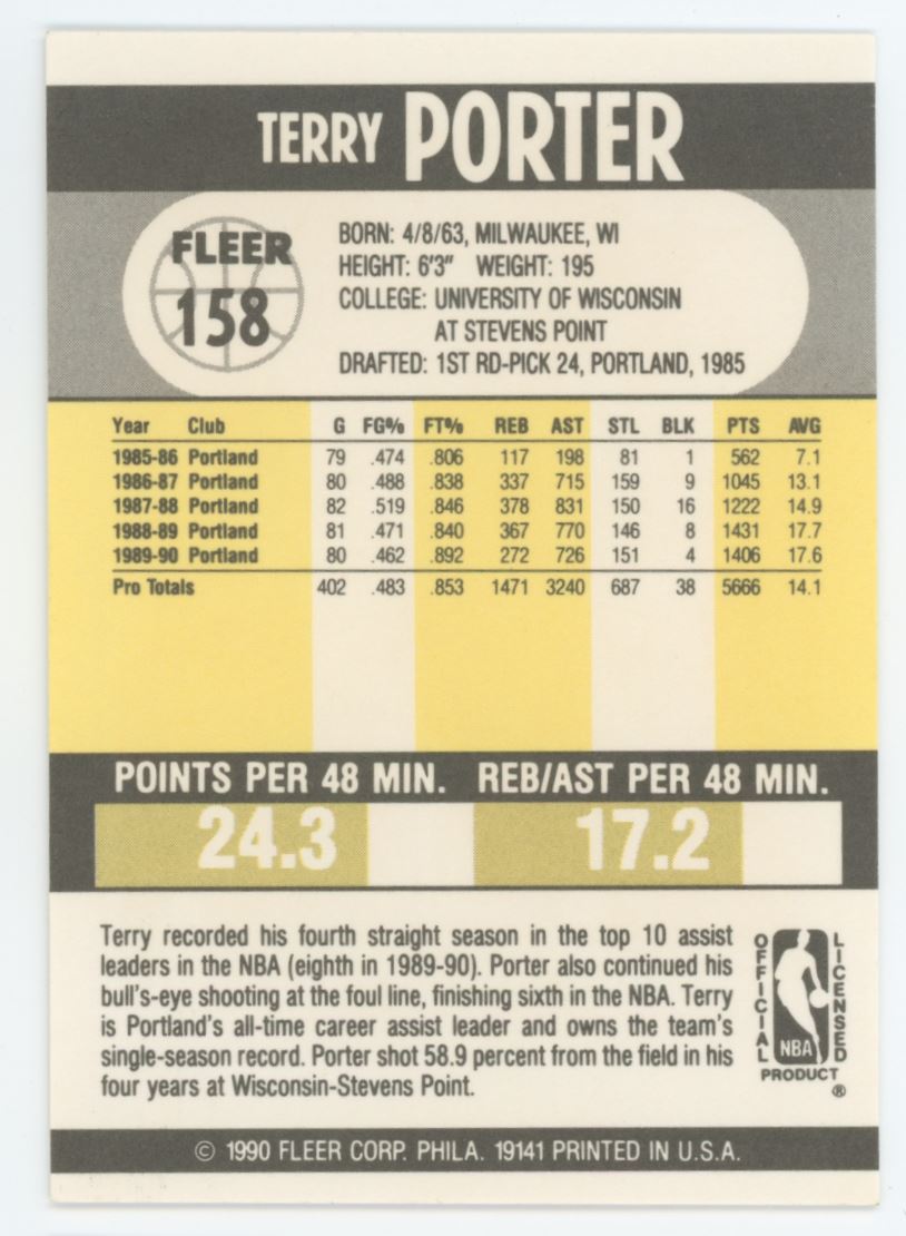 Terry Porter 1990 Fleer Card # 158