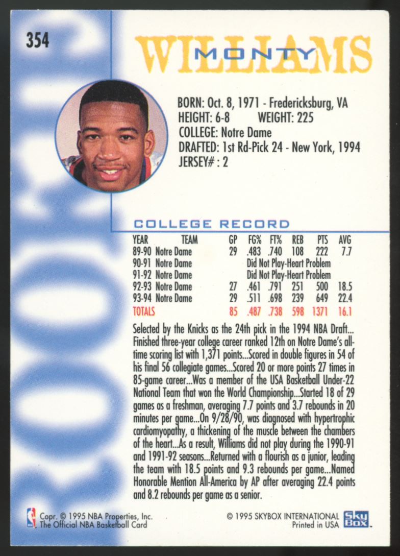 Monty Williams 1994 Hoops Rookie Card # 354