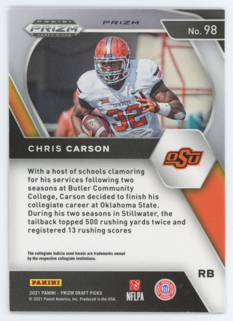 Chris Carson Silver Prizm 2020 Panini Prizm Draft Picks Collegiate Card # 82