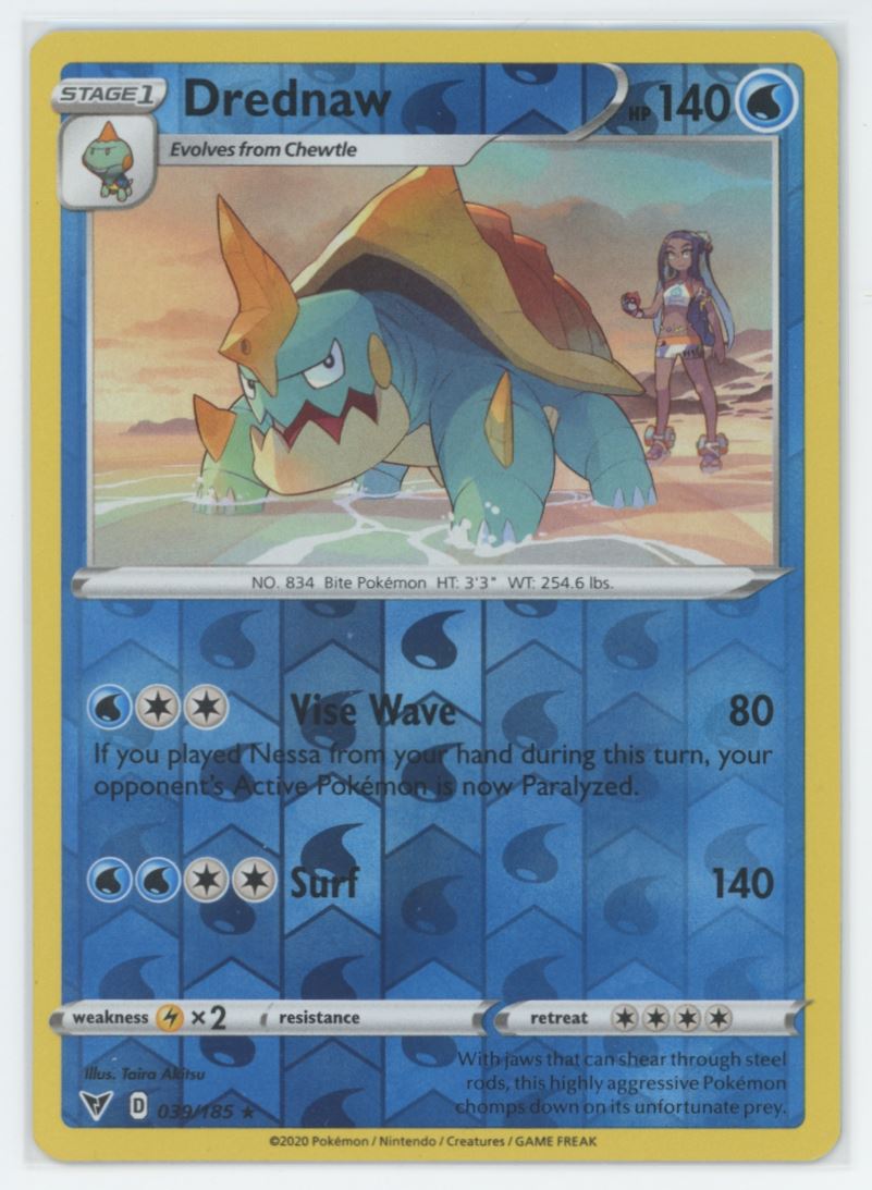 Drednaw Reverse Holo 2020 Sword & Shield - Vivid Voltage Card # 39 VTC Drednaw Reverse Holo 2020 Sword & Shield - Vivid Voltage Card # 39 VTC