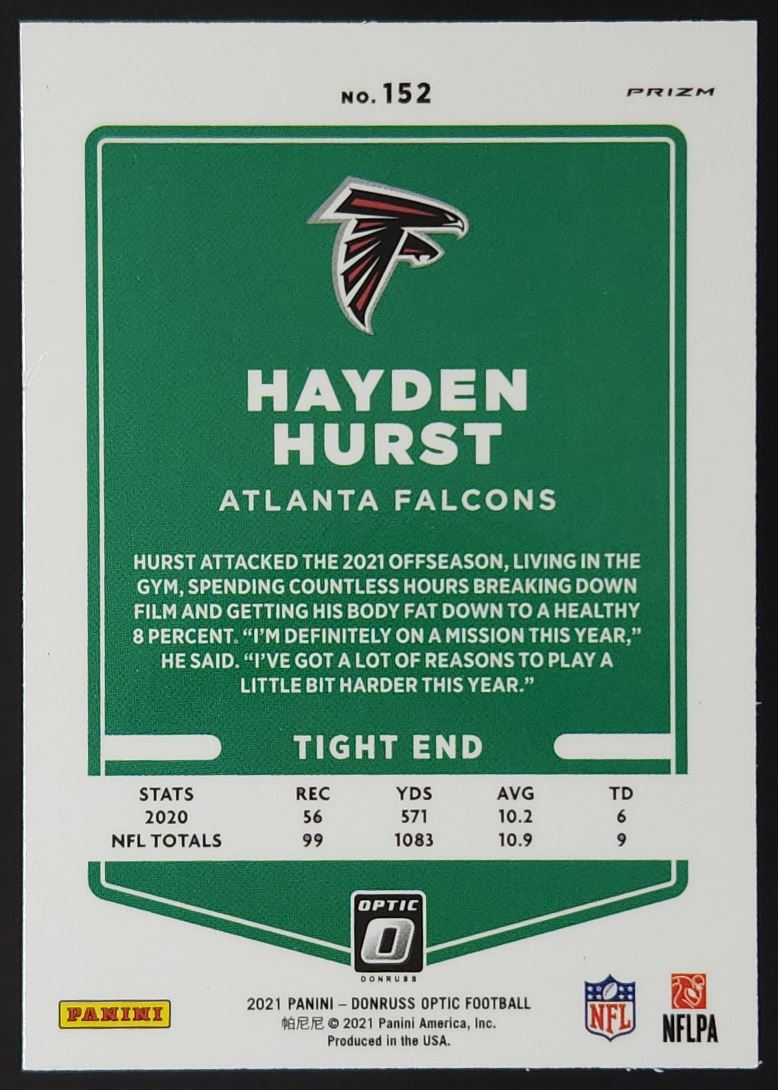 Hayden Hurst Silver Prizm 2021 Donruss Optic Card # 152