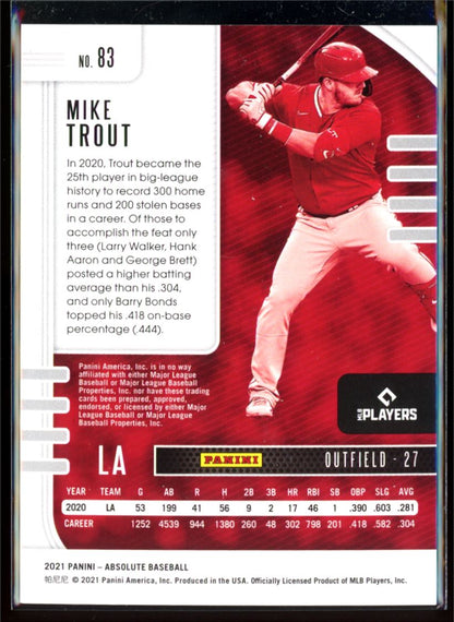 Mike Trout /99 2021 Panini Absolute Color Match Red Card # 83