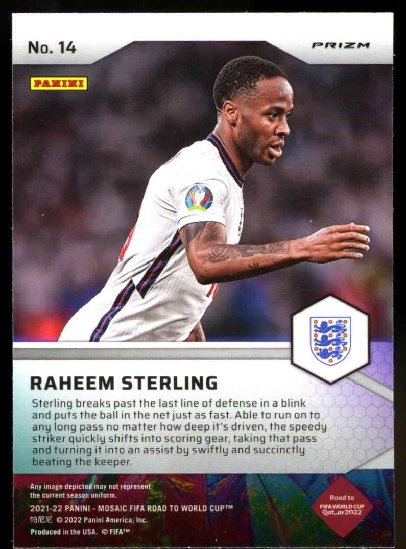 Raheem Sterling Prizm 2021 Panini Mosaic Road to FIFA World Cup Pitch Masters Card # 14
