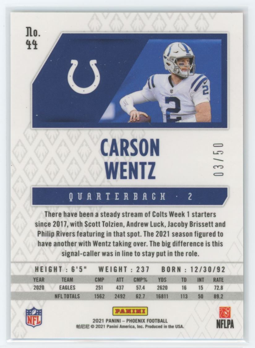 Carson Wentz 03/50 Fire and Ice Lazer 2021 Panini Phoenix Card # 44