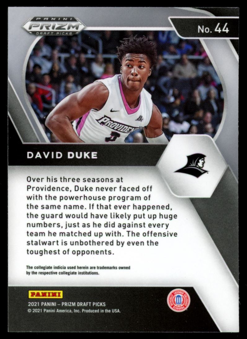 David Duke Jr. 2021 Panini Prizm Draft Picks Rookie Card # 44