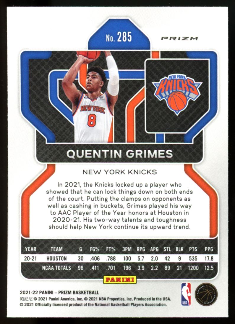 Quentin Grimes Cracked Ice Prizm 2021 Panini Prizm Rookie Card # 285