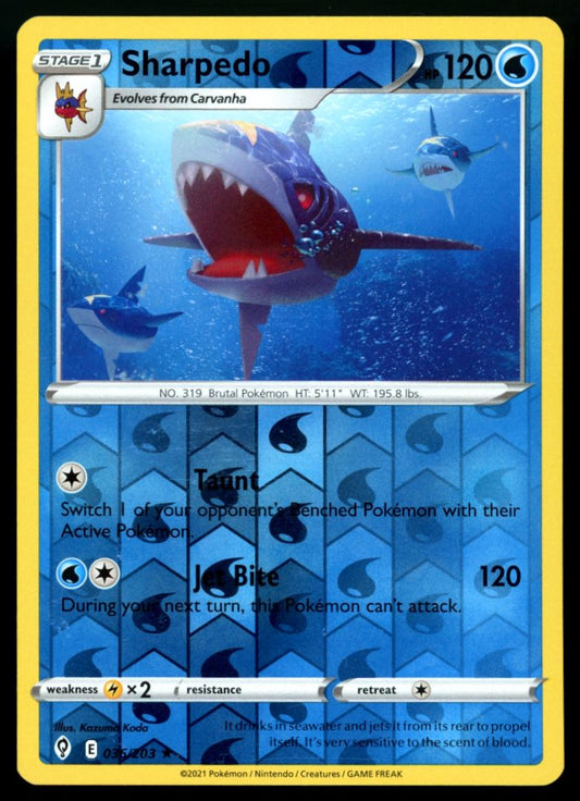 Sharpedo Rare Reverse Holo 2021 Sword & Shield - Evolving Skies Card # 036/203