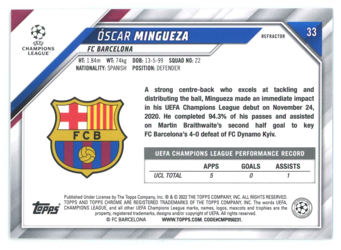 Ã“scar Mingueza Silver Refractor 2021 Topps Chrome Champions League Rookie Card # 33