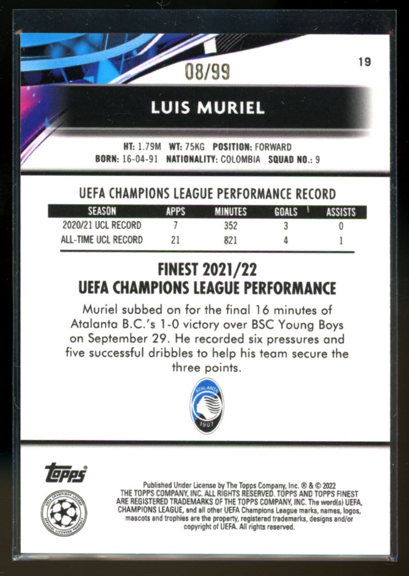 Luis Muriel /99 2021 Topps Finest UEFA Champions League Blue/Aqua Vaporwave Card # 19