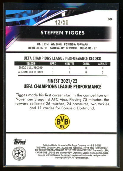 Steffen Tigges 43/50 2021 Topps Finest UEFA Champions League Gold Rookie Card # 68