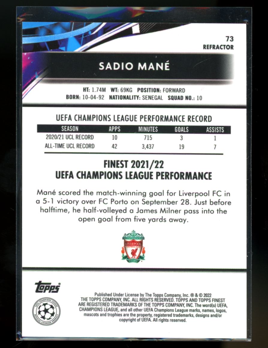 Sadio Mane Silver Refractor 2021 Topps Finest UEFA Champions League Card # 73