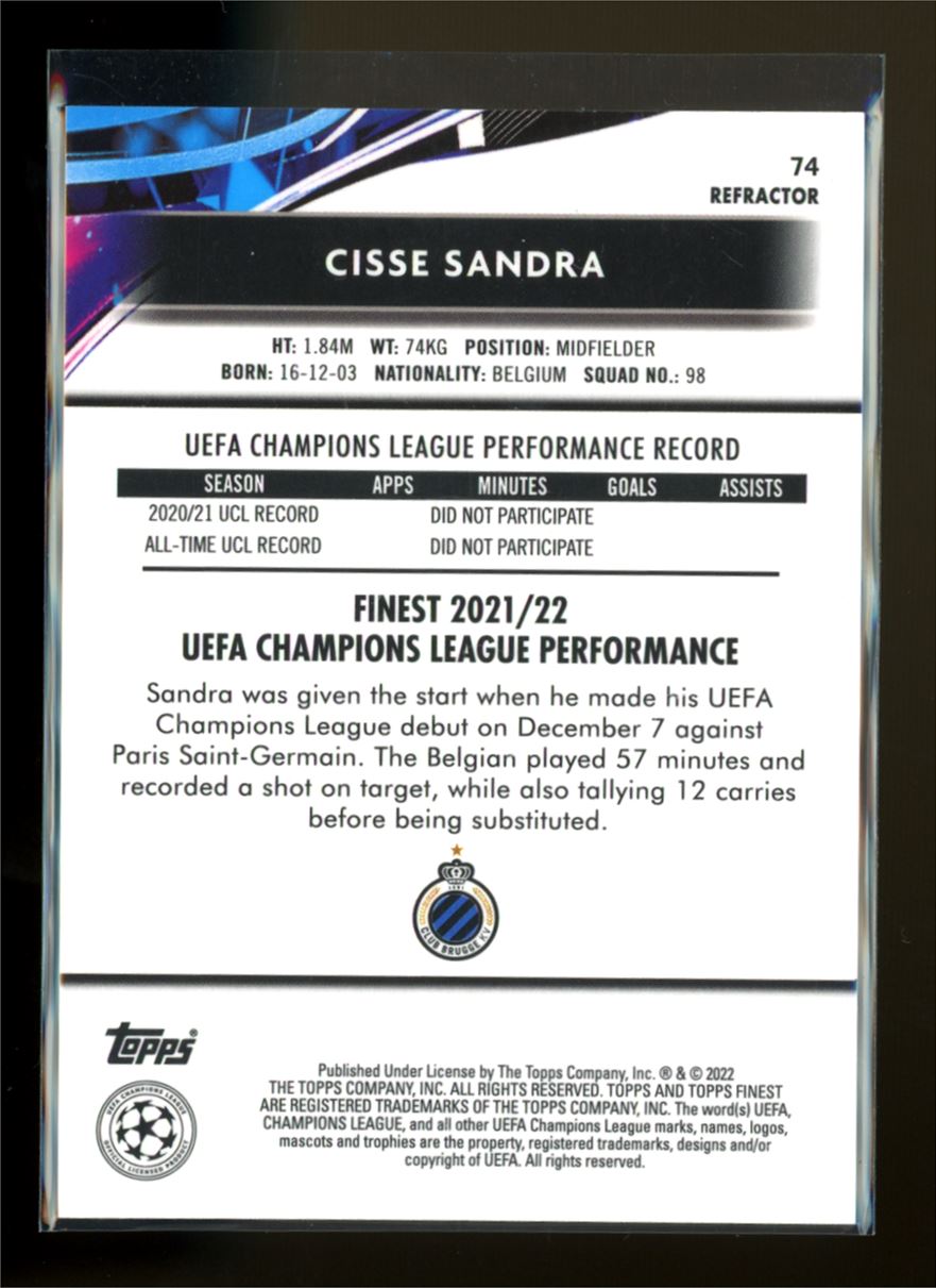 Cisse Sandra Silver Refractor 2021 Topps Finest UEFA Champions League Rookie Card # 74