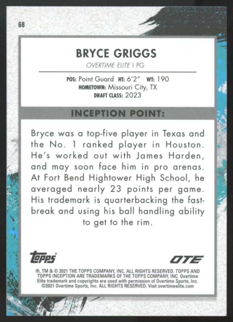 Bryce Griggs 2021 Topps Overtime Elite Inception Rookie Card # 68