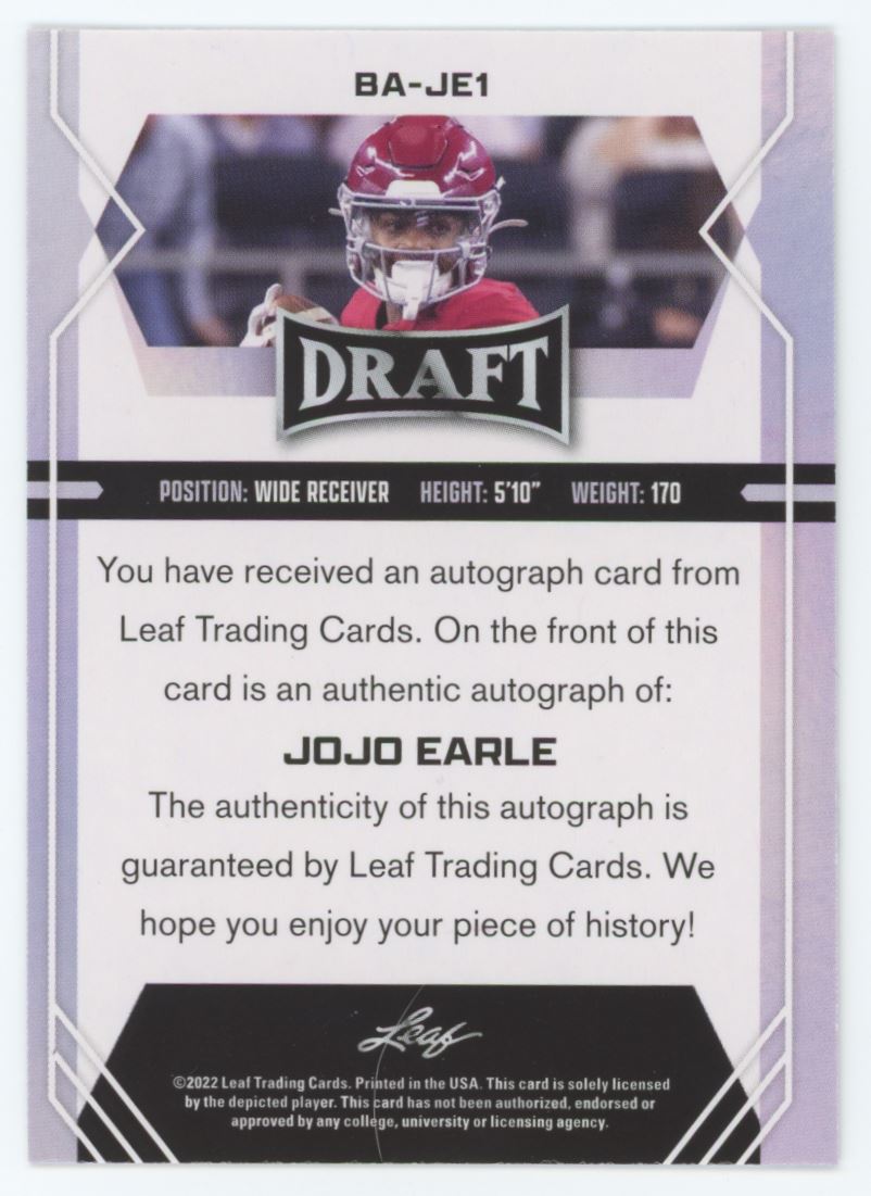 Jojo Earle 2022 Leaf Draft Autographs Autograph Card # BA-JE1