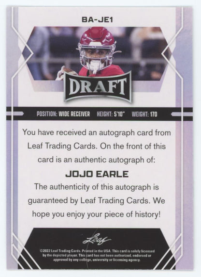 Jojo Earle 2022 Leaf Draft Autographs Autograph Card # BA-JE1