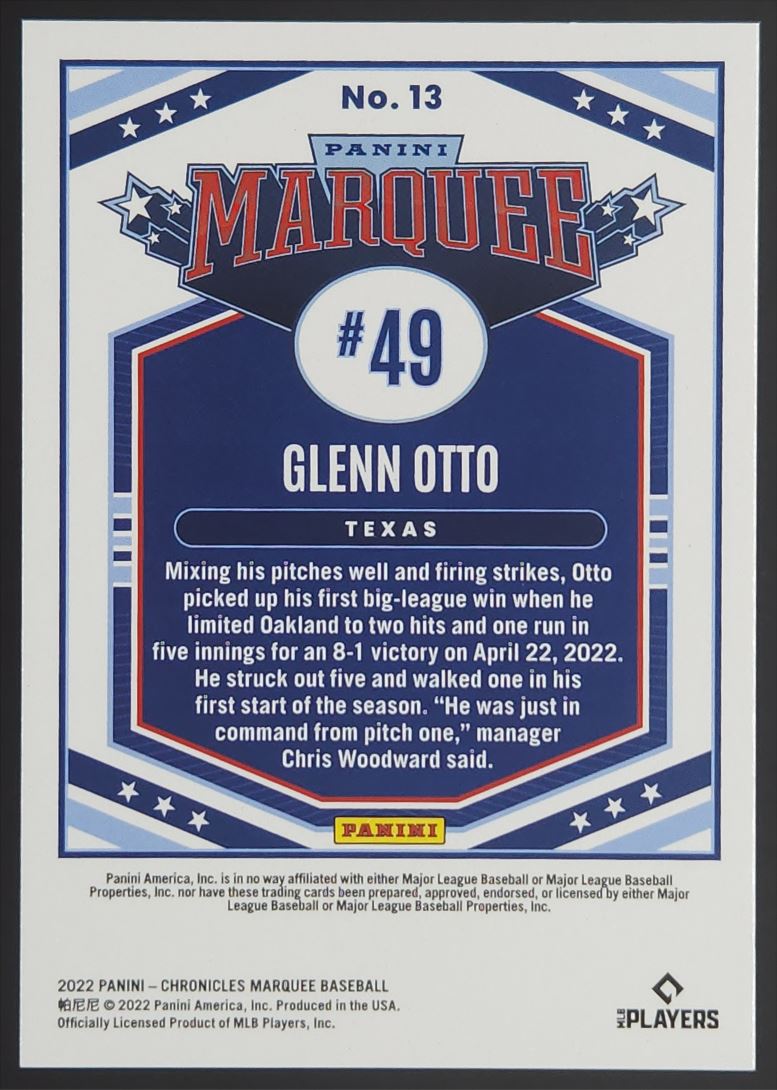Glenn Otto 2022 Panini Chronicles Marquee Rookie Card # 13