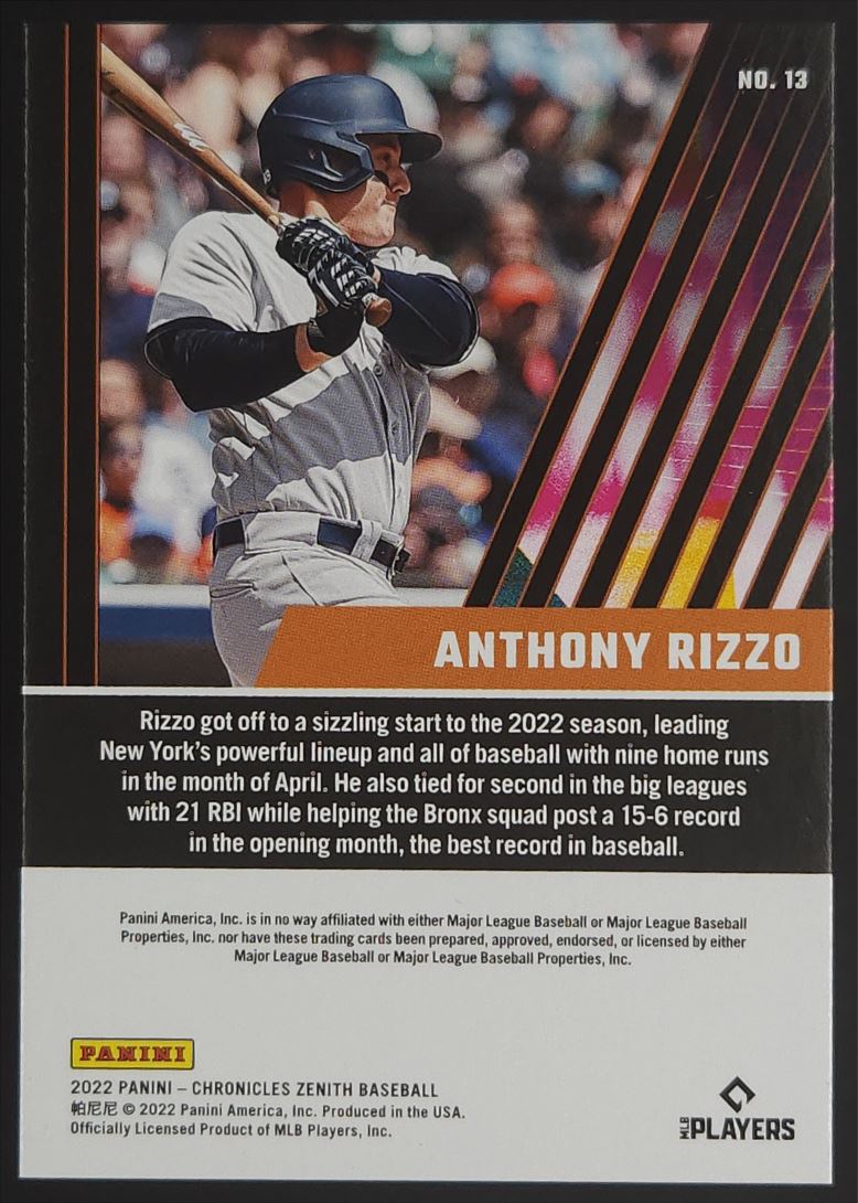 Anthony Rizzo 2022 Panini Chronicles Zenith Card # 13