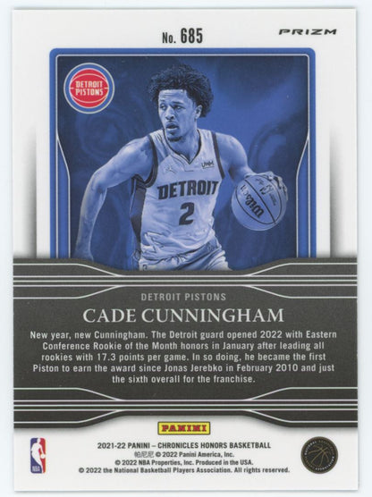 Cade Cunningham Honors Green Prizm 2021-22 SP Panini Chronicles Rookie Card # 685