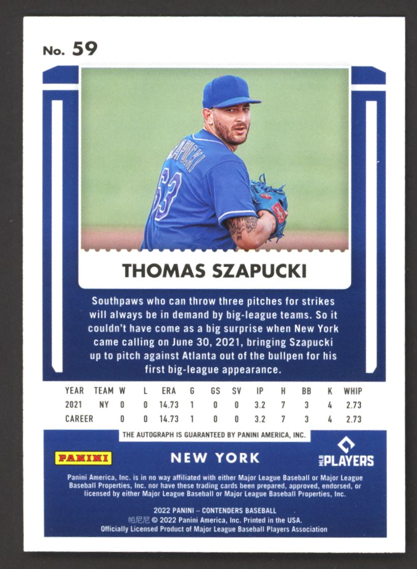 Thomas Szapucki Rookie Ticket 2022 Panini Contenders Rookie Autograph Card # 59