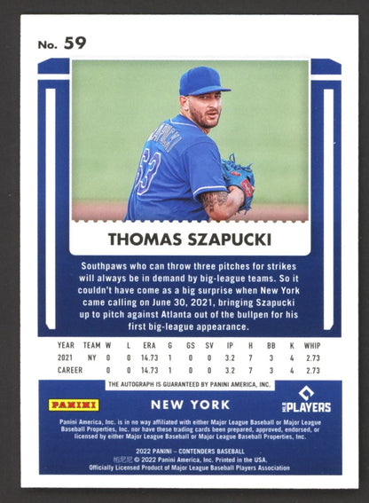 Thomas Szapucki Rookie Ticket 2022 Panini Contenders Rookie Autograph Card # 59