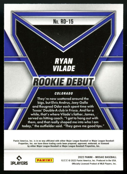 Ryan Vilade Rookie Debut 2022 Panini Mosaic Baseball Rookie Card # RD-15