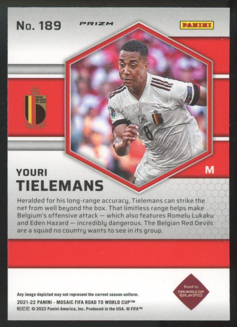 Youri Tielemans Mosaic Silver Prizm 2022 Panini Mosaic Road to FIFA World Cup Qatar Card # 189