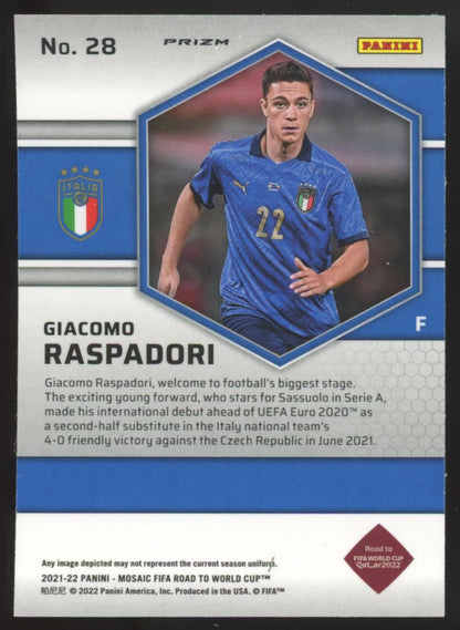 Giacomo Raspadori Mosaic Silver Prizm 2022 Panini Mosaic Road to FIFA World Cup Qatar Rookie Card # 28