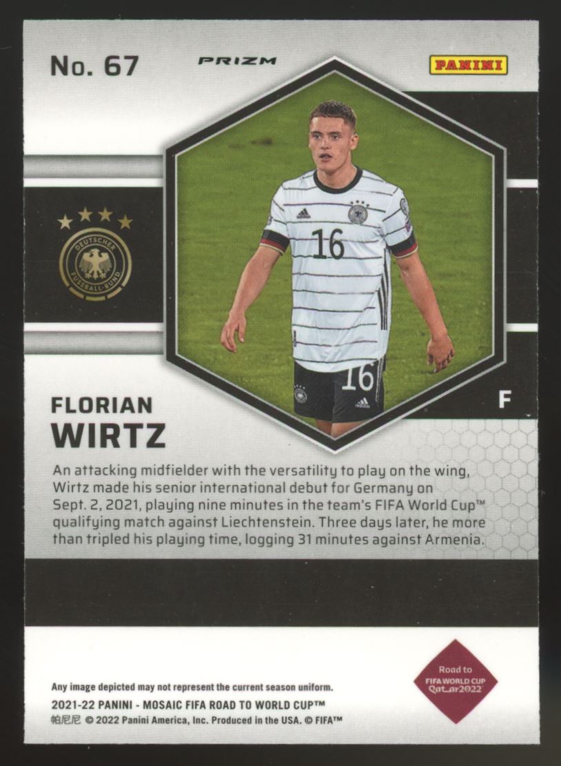 Florian Wirtz Silver Prizm 2022 Panini Mosaic Road to FIFA World Cup Qatar Card # 67
