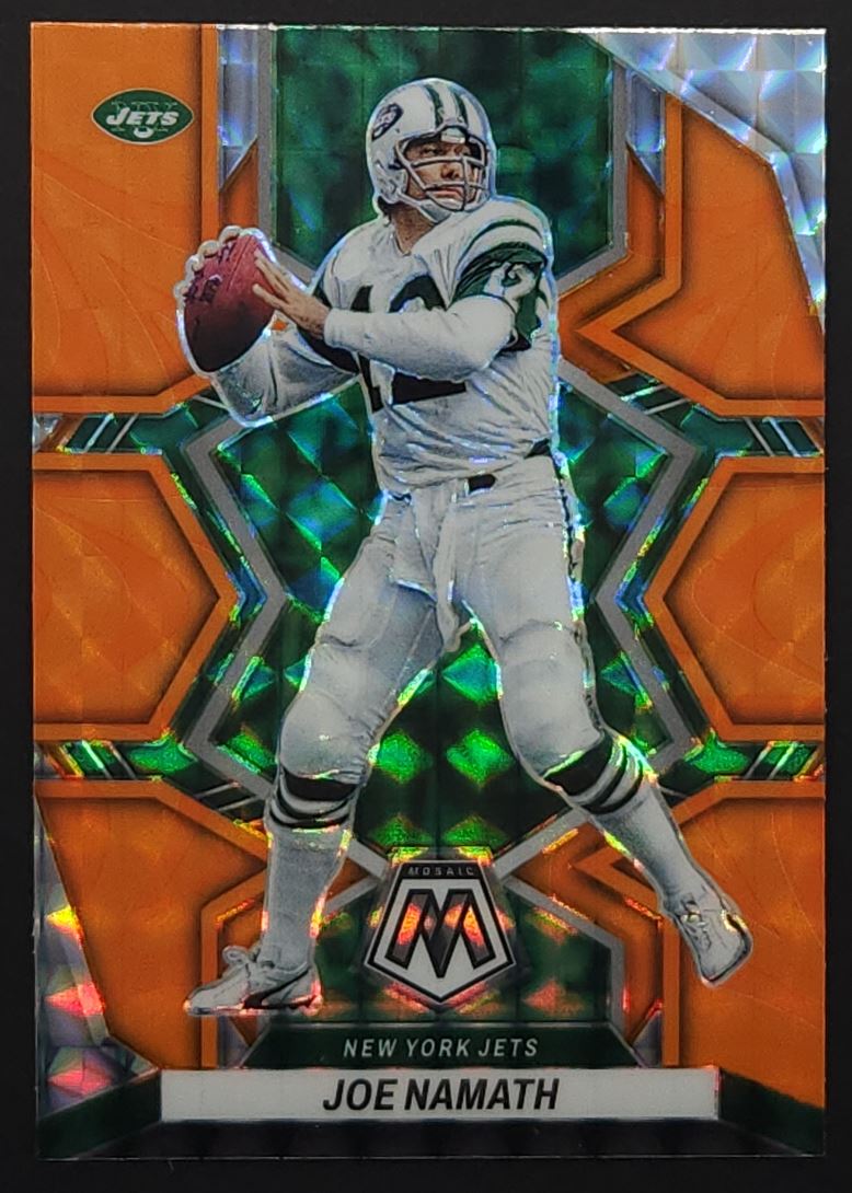 Joe Namath Reactive Orange Prizm 2022 Panini Mosaic Card # 205