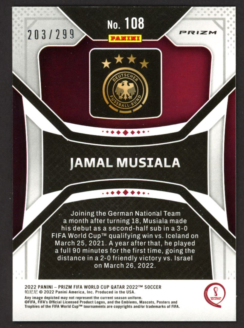 Jamal Musiala 203/299 2022 Panini Prizm World Cup Blue Card # 108