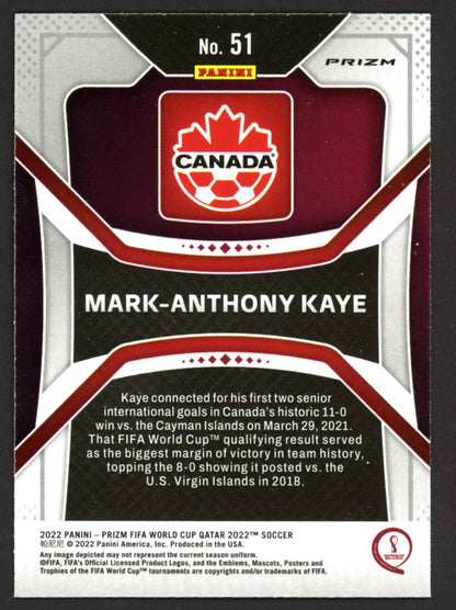 Mark-Anthony Kaye Silver Prizm 2022 Panini Prizm World Cup Card # 51