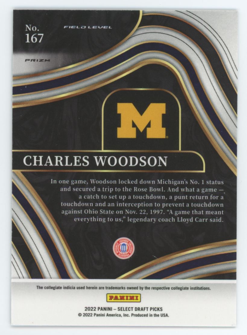 Charles Woodson Hyper Prizm Field Level 2022 Panini Select Draft Picks Card  # 167