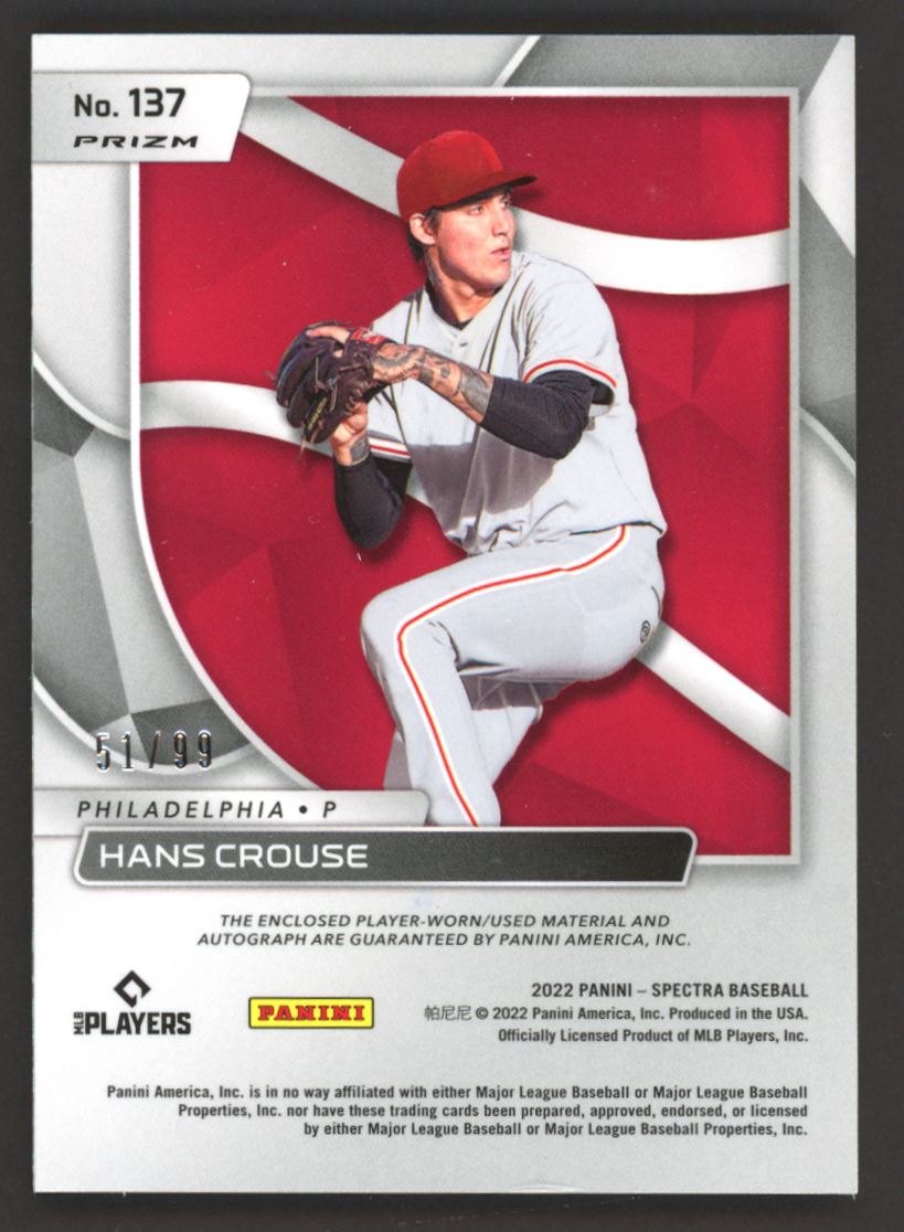 Hans Crouse Neon Blue RPA 51/99 On- Card Auto 2022 Panini Spectra Rookie Autograph Card # 137