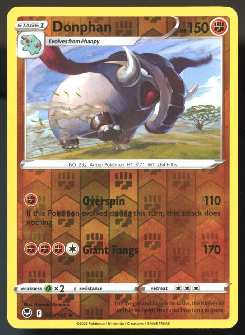 Donphan Uncommon Reverse Holo 2022 Sword & Shield - Silver Tempest Card # 092/195