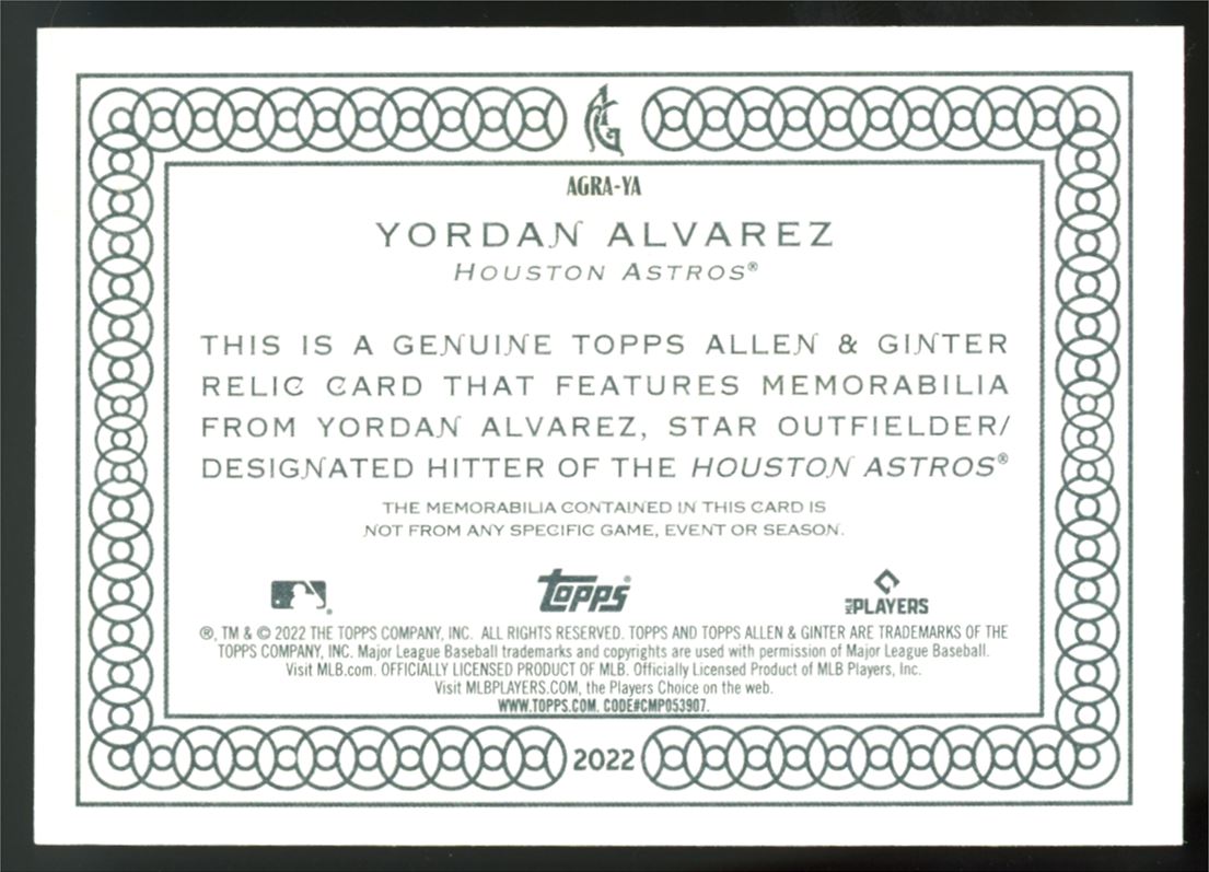 Yordan Alvarez Game Used Mem- Patch 2022 Topps Allen & Ginter Card # AGRA-YA