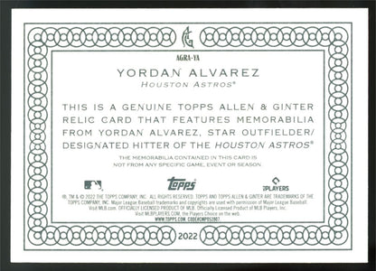 Yordan Alvarez Game Used Mem- Patch 2022 Topps Allen & Ginter Card # AGRA-YA